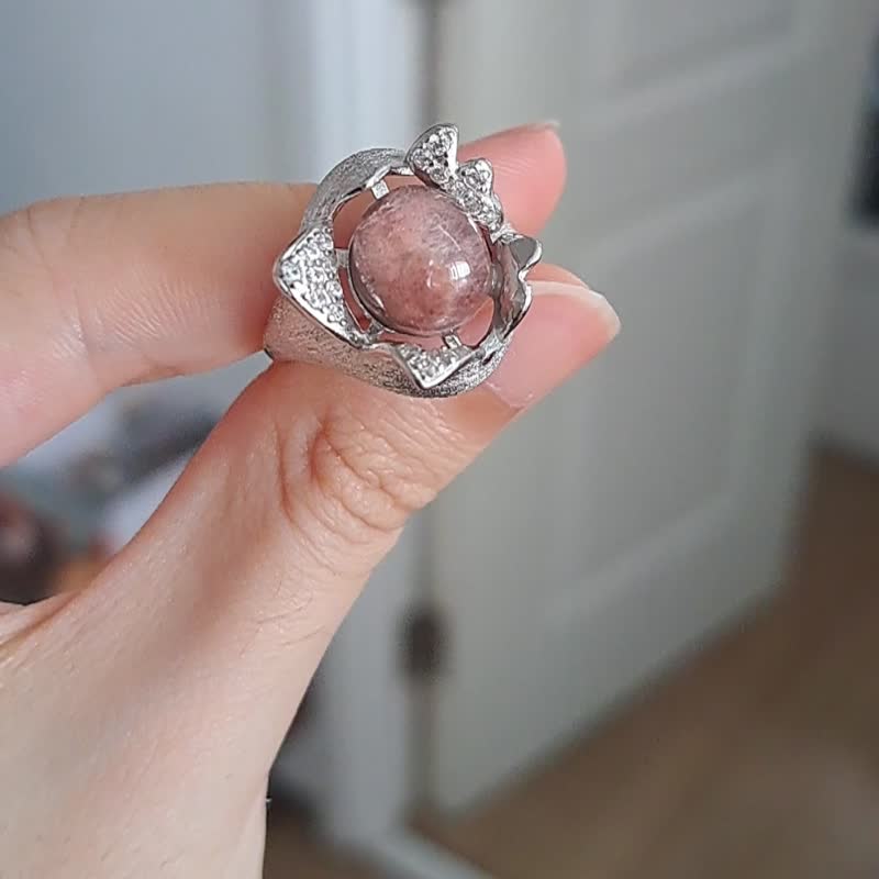 玫瑰粉卷毛兔毛 精品925純銀戒指 - 戒指 - 水晶 粉紅色