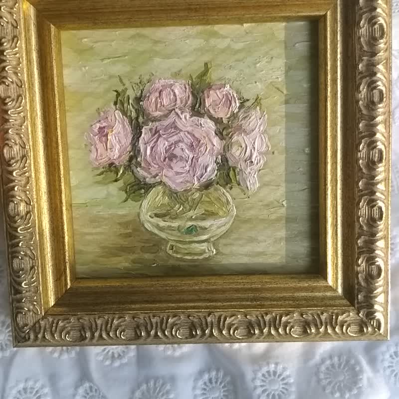 Flowers Oil Painting,Miniature Wall Art,Peony Painting,Original Art Framed - Wall Décor - Wood Pink