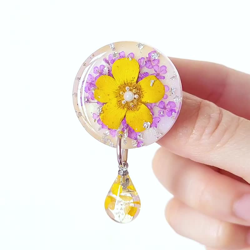 Dried flower small water droplet pony hook yellow purple hair insert hair accessory - ที่คาดผม - เรซิน สีเหลือง