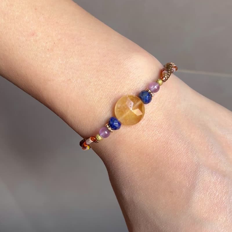 Glass rice beads x natural stone twist bracelet citrine lapis lazuli amethyst - สร้อยข้อมือ - คริสตัล สีส้ม