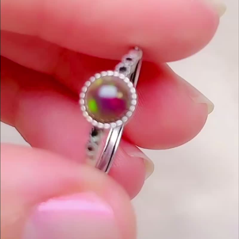 別緻小巧 圓形黑歐泊戒指 / 蛋白石 / 925純銀 / Opal - 戒指 - 寶石 