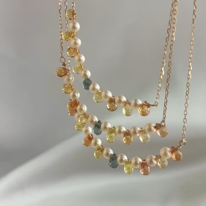 Necklace with sapphire, Akoya pearl 2.5-3mm, K10 gold, colored blue gemstone necklace, akoya pearl necklace - Necklaces - Pearl Multicolor