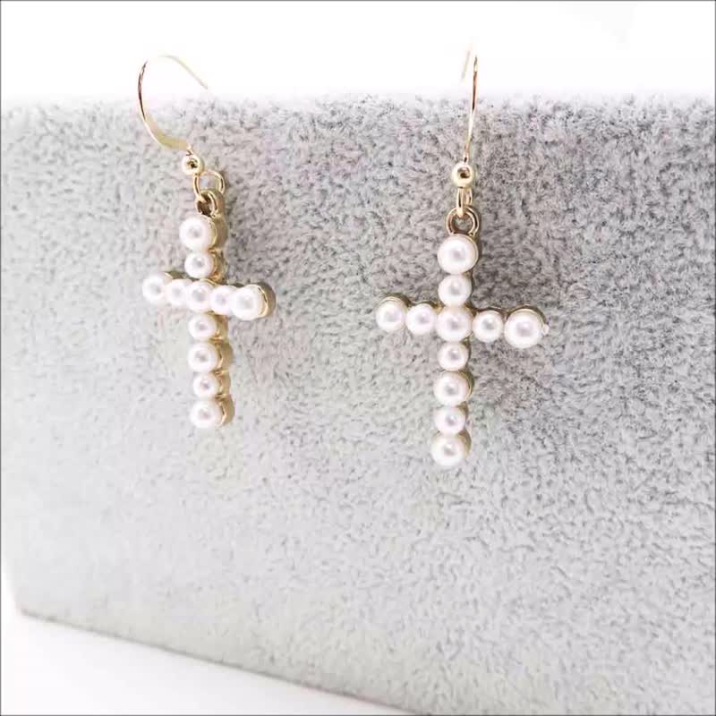 十字架耳環-合金高亮仿珍珠款-925銀鍍金耳勾 信仰耳環 - 耳環/耳夾 - 珍珠 白色