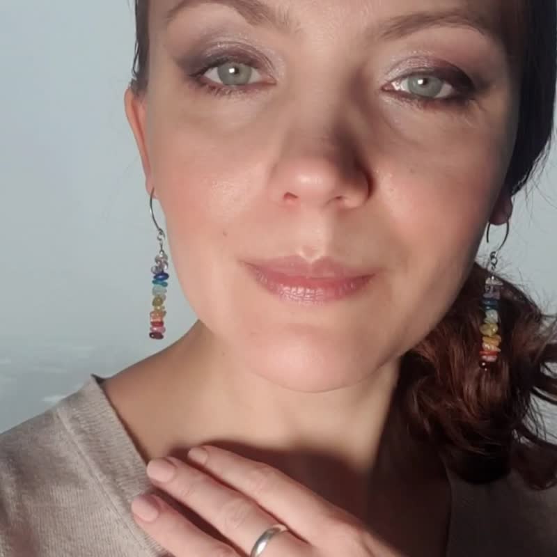 Seven Chakras Crystal Earrings, Rainbow gemstone gift, Yoga Jewelry for Her - Earrings & Clip-ons - Gemstone Gray