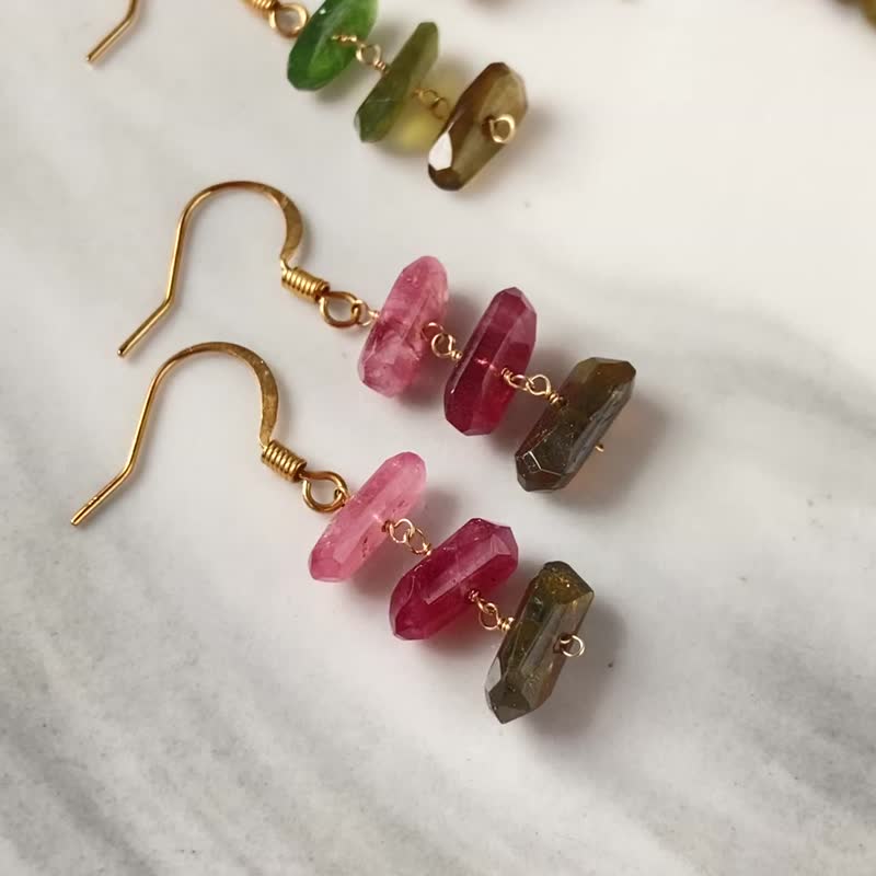 14KGF 碧璽 粉色漸變 耳環 / 耳夾 / 十月誕生石 / 獨一無二 - 耳環/耳夾/耳骨夾 - 寶石 粉紅色