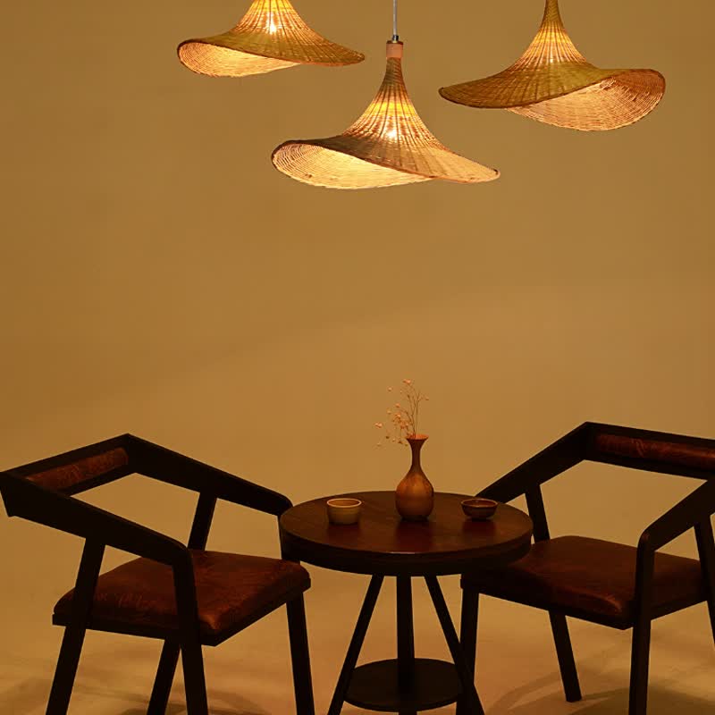 竹で編んだ麦わら帽子のシャンデリア、新しい中国風の茶室の禅ランプとランタン、クリエイティブな個性の麦わら帽子ランプ、階段竹アートランプ - 照明・ランプ - 竹製 多色
