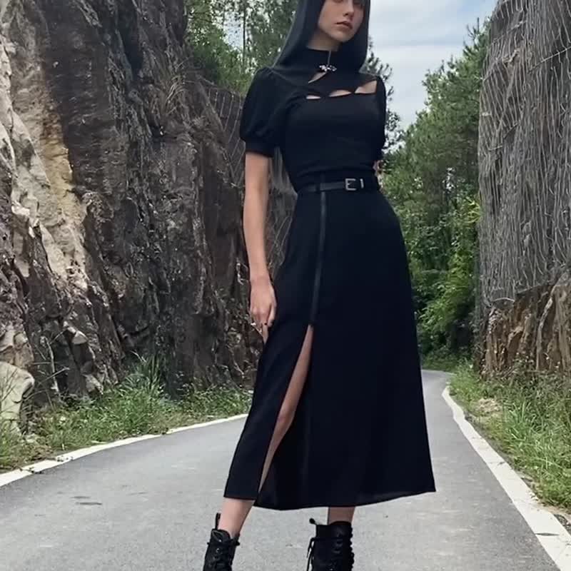 Cyberpunk Wizard Slit Long Skirt/With Belt - Skirts - Other Materials Black