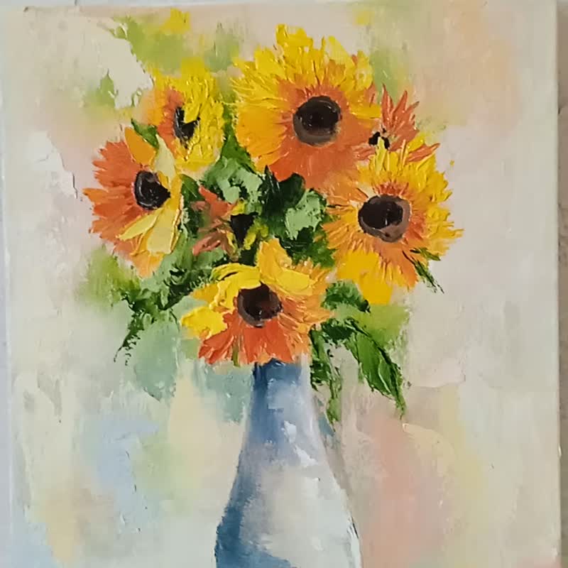 Sunflower Painting Flower Artwork Original Painting Oil on Canvas 30*40cm - โปสเตอร์ - วัสดุอื่นๆ สีส้ม