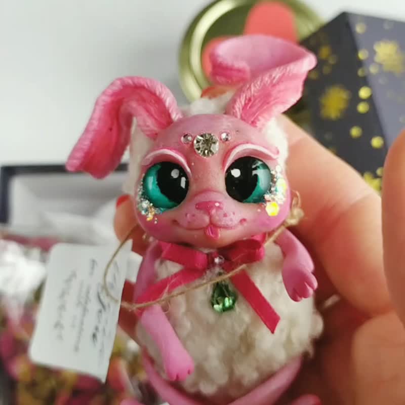 Handmade Gift Funny Cute Fur Bunny Collectible Toy - ตุ๊กตา - วัสดุอื่นๆ สึชมพู