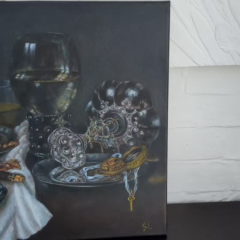 Still Life Oil Painting Original Art Glassware Cloth Vintage Jar Reproduction - Posters - Other Materials Black