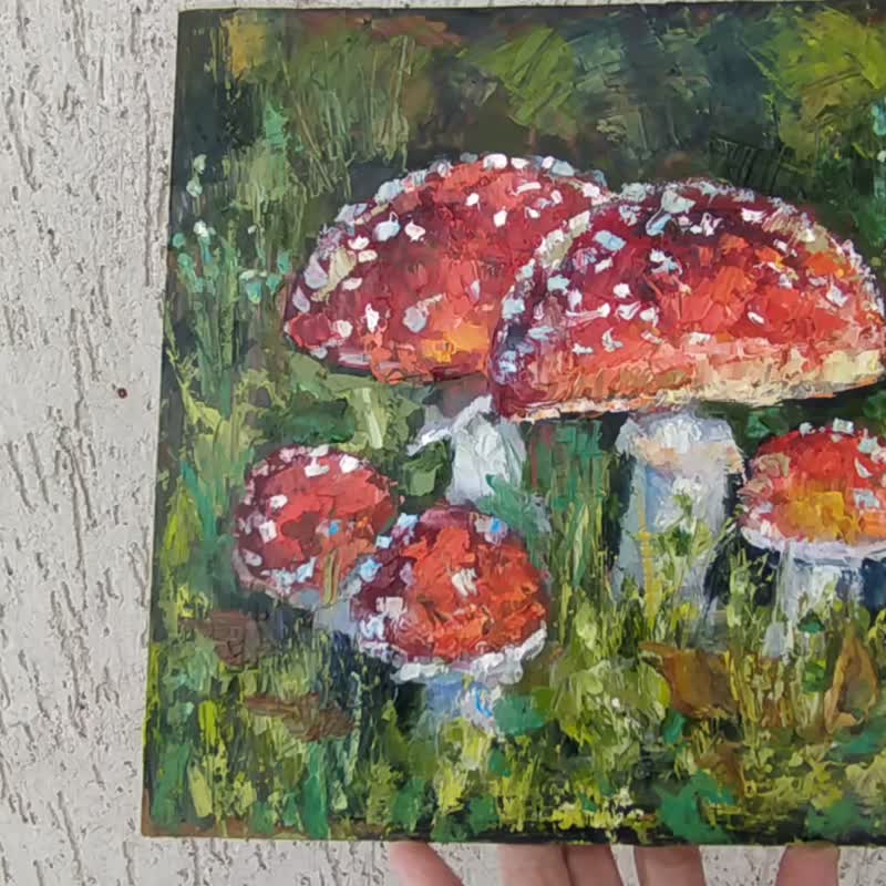 Fly Agaric Painting Mushroom Original Art Vegetable Oil Forest Amanita Artwork - Posters - Wood Red