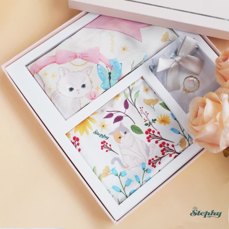 [Mother's Day Gift Box] Premium Silk Scarf Gift Box | Large Square Scarf + Small Square Scarf + Handmade Silk Scarf Button (3 pieces) - ผ้าพันคอ - ผ้าไหม 