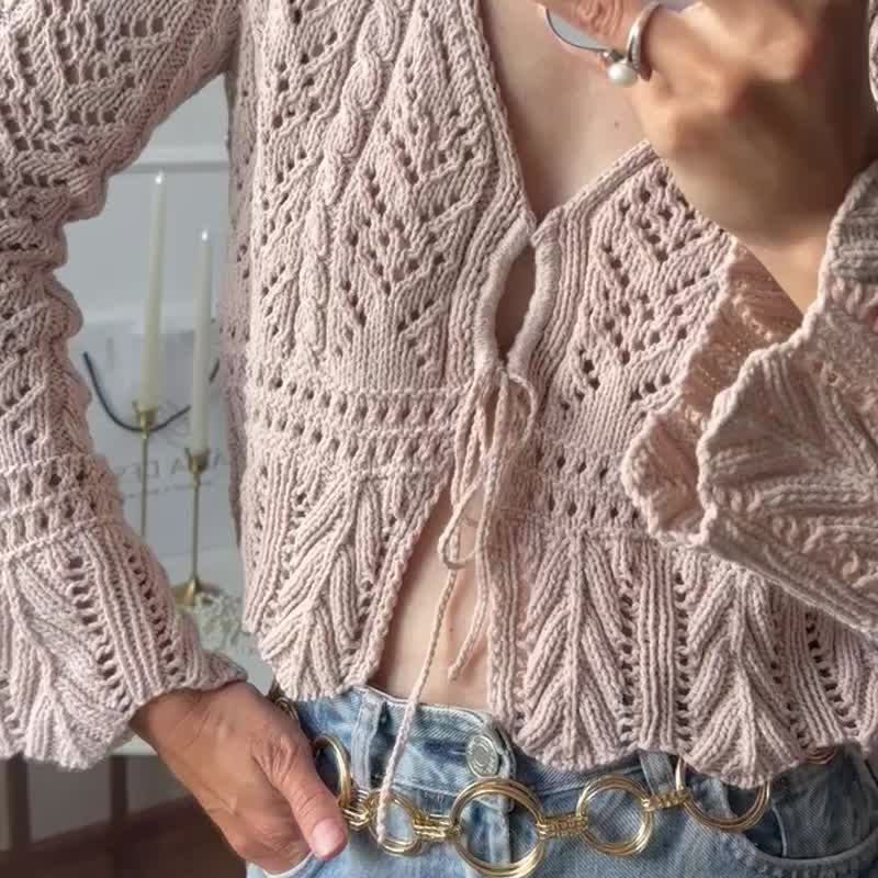 Trumpet sleeve lace knitted top Tie front cardigan Cotton summer sweater women S - 女上衣/長袖上衣 - 棉．麻 