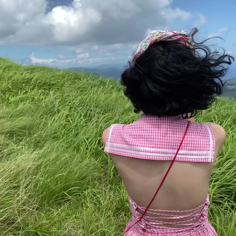 cherrywine 女款粉色棉麻小格子海軍領露背繫帶蝴蝶結法式少女 - 女上衣/長袖上衣 - 棉．麻 粉紅色