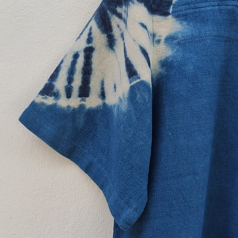 Square Neck Tie Dyed Web with mini Pocket Blouse - Women's Tops - Cotton & Hemp Blue
