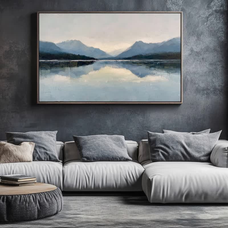 Tranquil Lake Poetic Nature Series Giclée Print Lake and Mountain Landscape Wall Art Nordic Minimalist Living Room Sofa Back Wall - โปสเตอร์ - ผ้าฝ้าย/ผ้าลินิน 