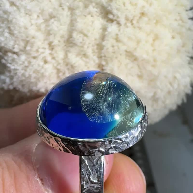 7号リング、シルバーとのブルーアンバーリング、ハンドメイド - リング・指輪 - 半貴石 ブルー