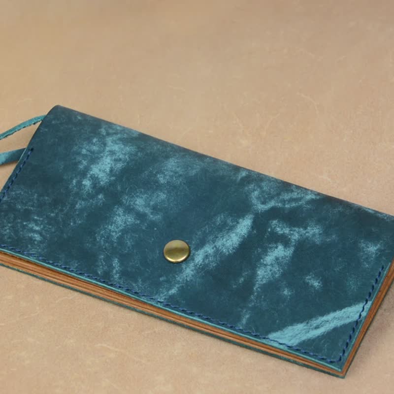 Italian Leather MAYA long wallet turkey blue / Hand sewing - กระเป๋าสตางค์ - หนังแท้ สีน้ำเงิน