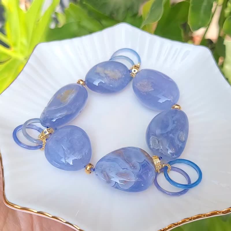 冰藍紋瑪瑙 帶金 三元及第 玉振金聲 君子 大寶石手鍊 單品 禮物 - 手鍊/手環 - 寶石 藍色