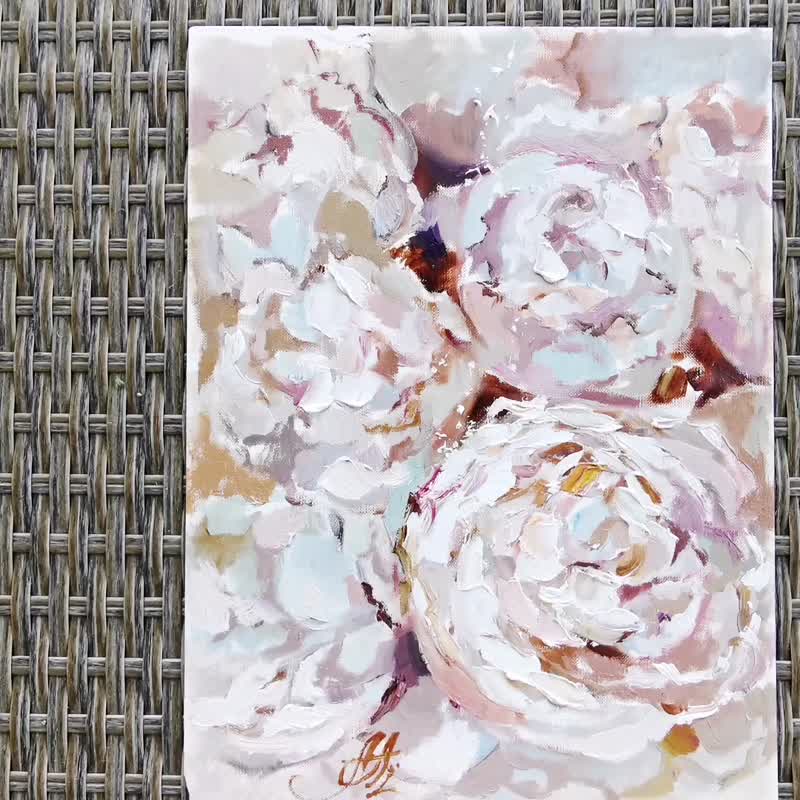White flowers painting, Peonies painting on canvas, Peony Flowers Original - 壁貼/牆壁裝飾 - 其他材質 粉紅色