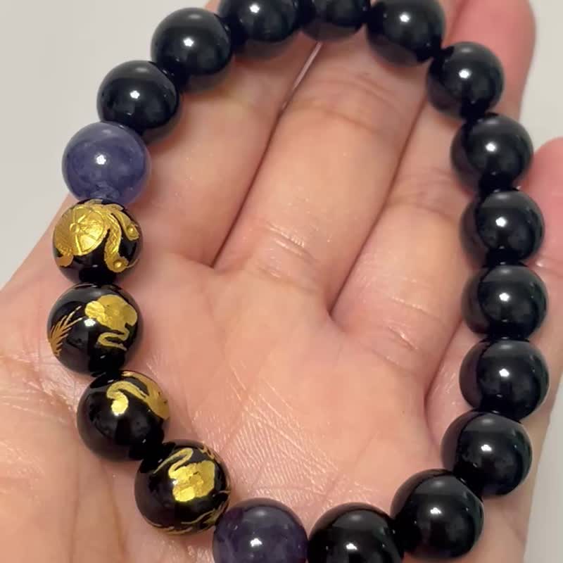 日本人気 金彫刻四神獣オニキス × 五行クリスタルブレスレット 水属性 10mm - ブレスレット - 半貴石 ブラック