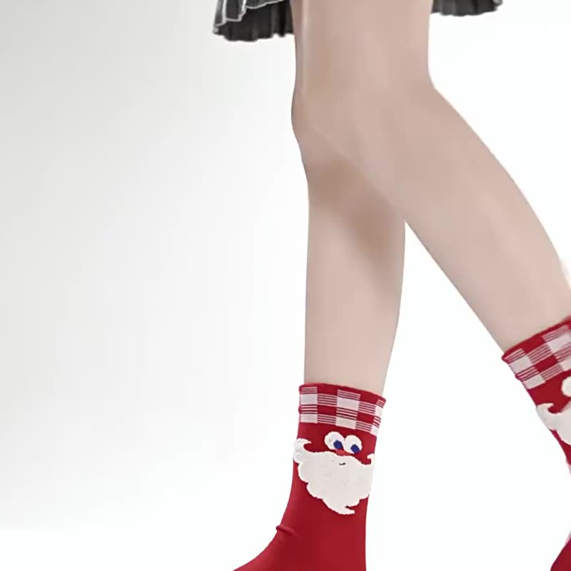 聖誕冬季卡通女士3雙組合棉襪  聖誕棉質襪紅綠色中筒襪 - 襪 - 棉．麻 