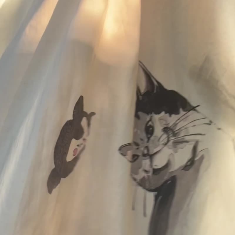 Original printed fabric of cute cats collaboration with Illustrator FUKU - One Piece Dresses - Cotton & Hemp White