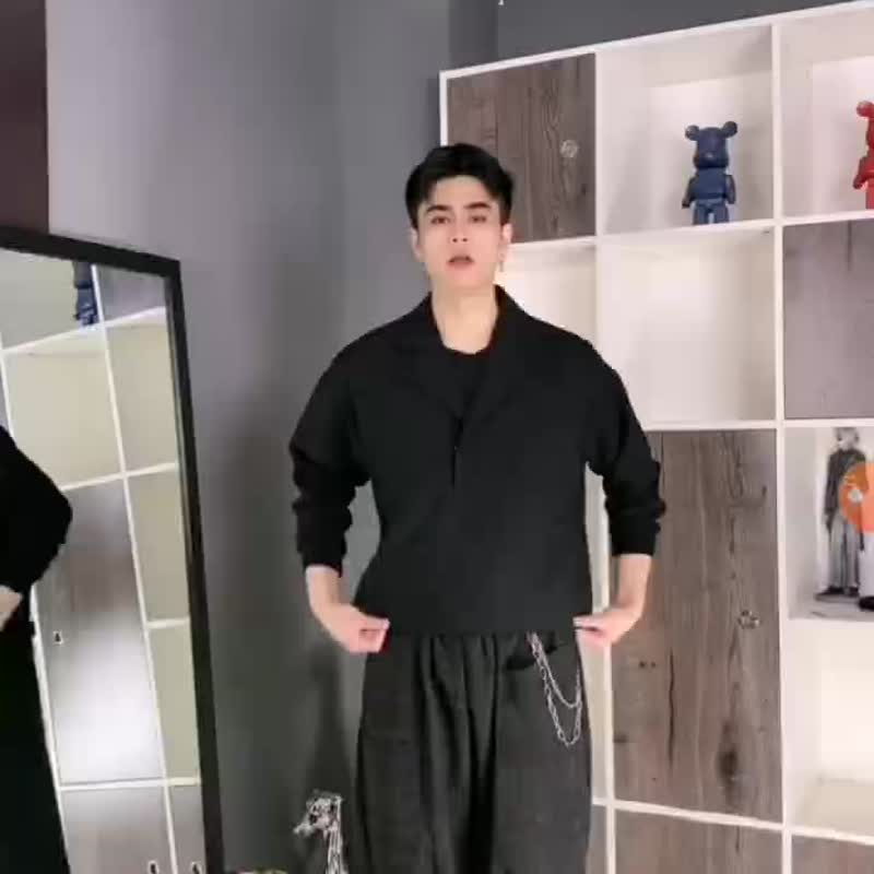 【推薦】秋季西裝領休閑衛衣 男士黑色寬松上衣 - 男 T 恤 - 聚酯纖維 黑色