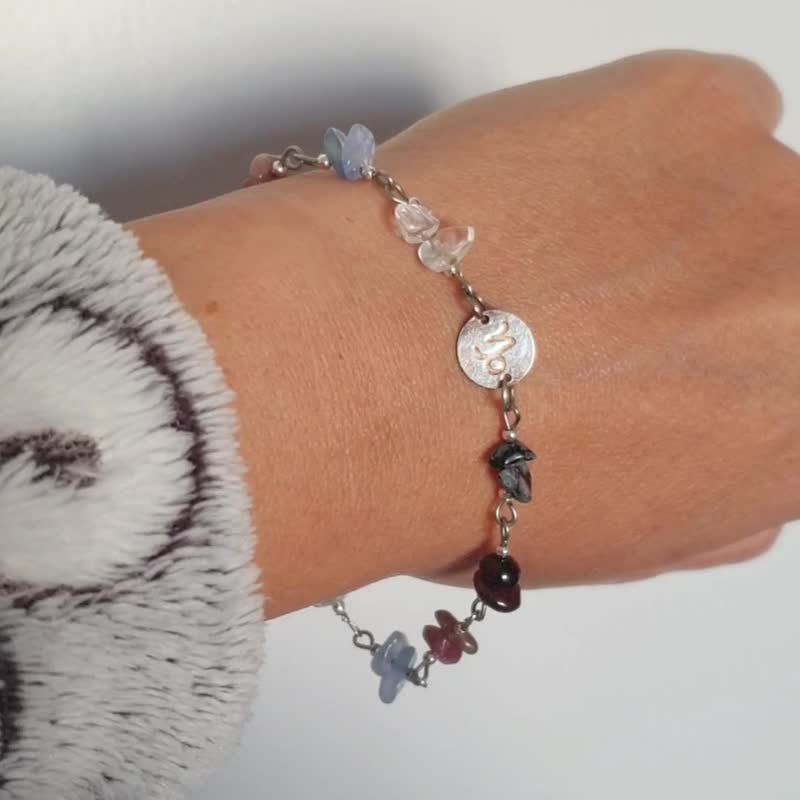 Capricorn gem bracelet: silver 925, obsidian, garnet, tourmaline, agate, quartz - Bracelets - Gemstone Multicolor