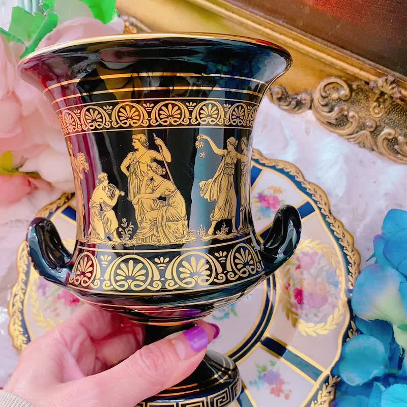 Greek antique vase, hand-painted with 24 gold, Greek hand-made ceramic vase and flower vessel - เซรามิก - ดินเผา สีดำ
