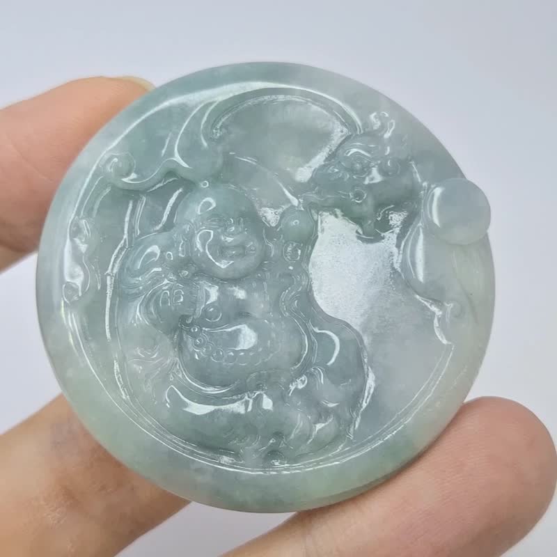 鐲心 天空藍飄花 佛公乘龍 彌勒佛 佛公吊墜 | 天然緬甸玉A貨翡翠 - 項鍊 - 玉石 