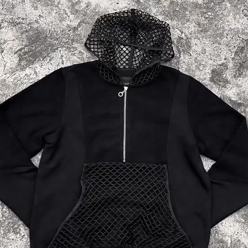 American retro original lining with turned-out zipper pullover mesh black sweatshirt - Men's T-Shirts & Tops - Other Materials Black