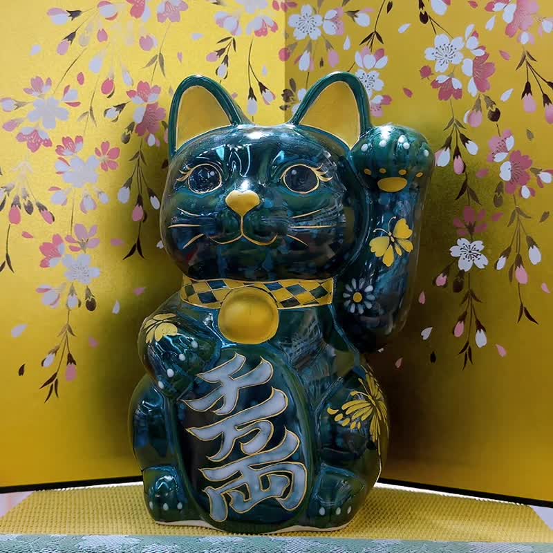 【翠蝶聚福】日本清水燒招財貓 | 古地深綠 - 特大 - 擺飾/家飾品 - 瓷 綠色