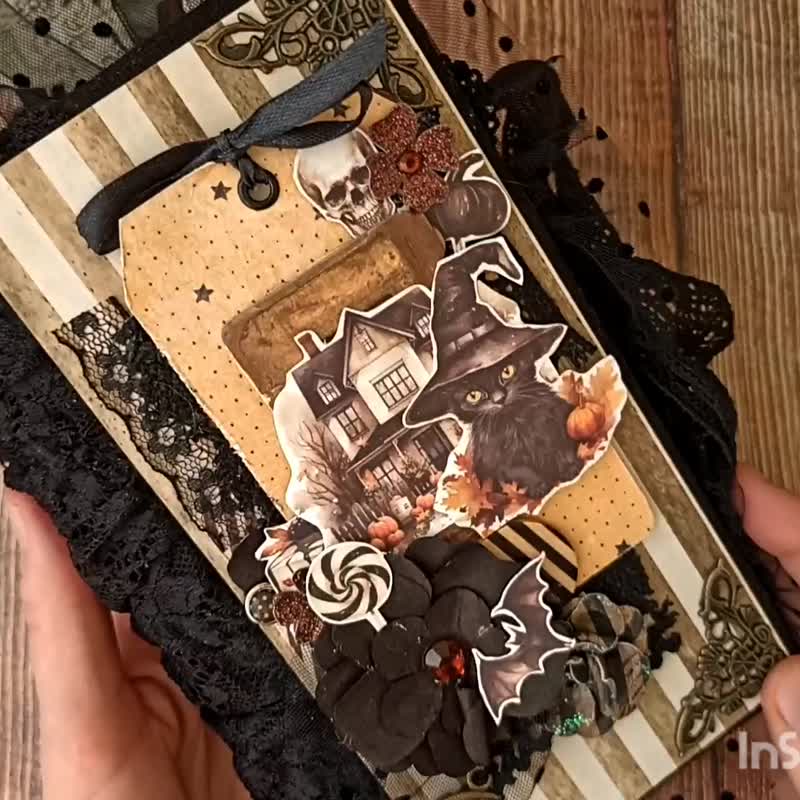 Spooky Halloween castle journal handmade Witch gothic moon black cat notebook - สมุดบันทึก/สมุดปฏิทิน - กระดาษ สีดำ