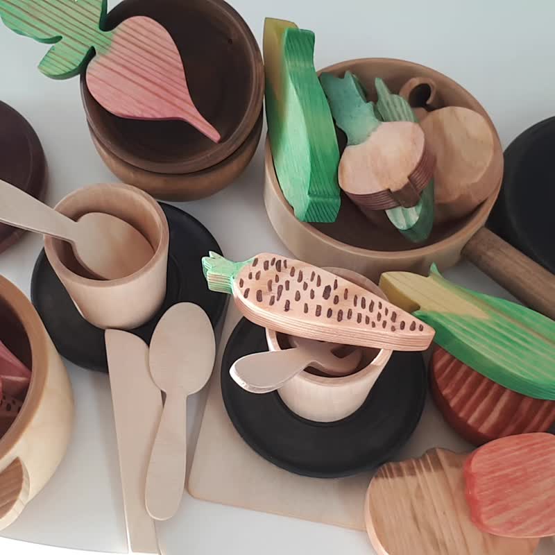 Wooden toys, Montessori toys, Set of dishes, Tea set, Wooden play kitchen, Food - ของเล่นเด็ก - ไม้ หลากหลายสี