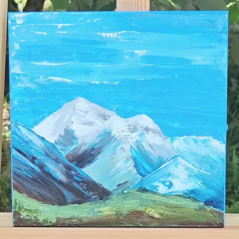 Abstract original mountains small painting, blue, green, white colors - ตกแต่งผนัง - อะคริลิค หลากหลายสี