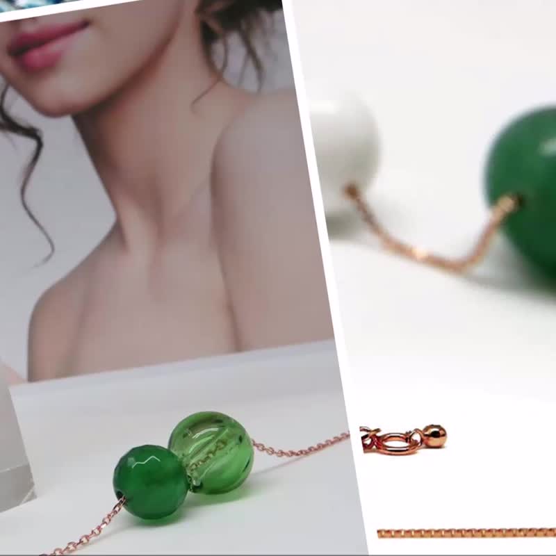 Green Agate August Birthstone Diffuser Necklace Rose Gold S925 - สร้อยคอ - เครื่องเพชรพลอย สีเขียว