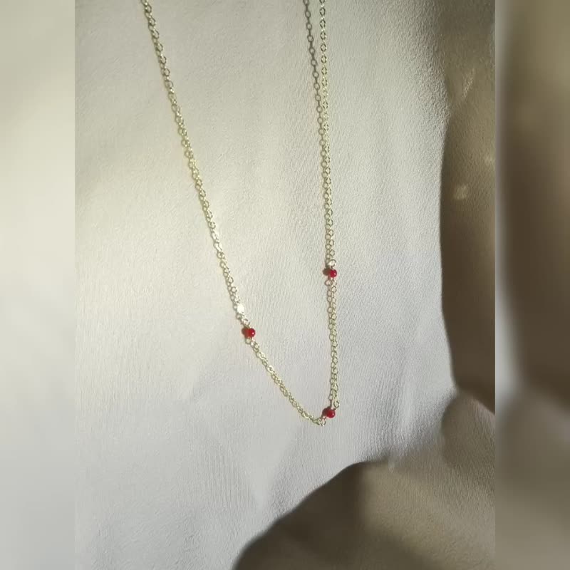 SV925/ 14KGF Tiny Triple Red Coral Choker Necklace, Adjustable, March Birthstone - Necklaces - Semi-Precious Stones Red