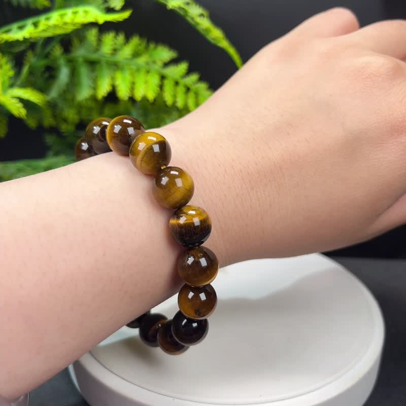 Natural yellow tiger eye stone bracelet 12.4mm lightning cat eye fortune yellow tiger eye stone bracelet energy courage confidence - สร้อยข้อมือ - เครื่องประดับพลอย สีเหลือง