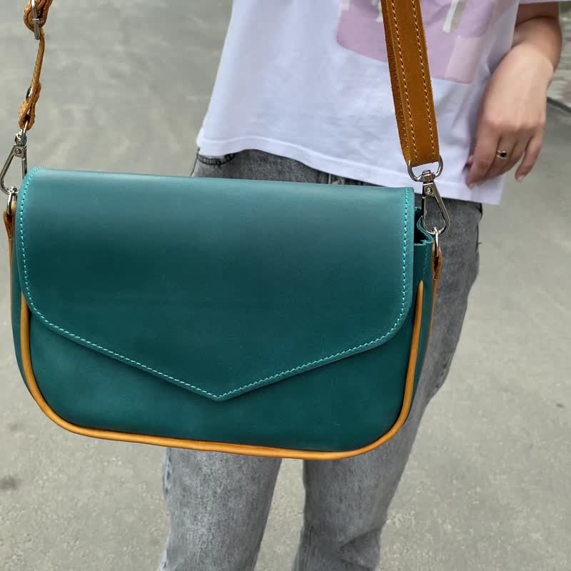 Women's Genuine Leather Messenger Bag/ Leather Shoulder Bag Handmade/ Green Bag - Handbags & Totes - Genuine Leather Blue