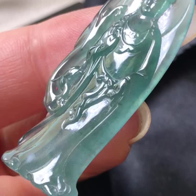 冰玻藍剛翡翠觀音菩薩 | 天然A貨翡翠 | 送禮 - 吊飾/掛飾 - 玉石 綠色