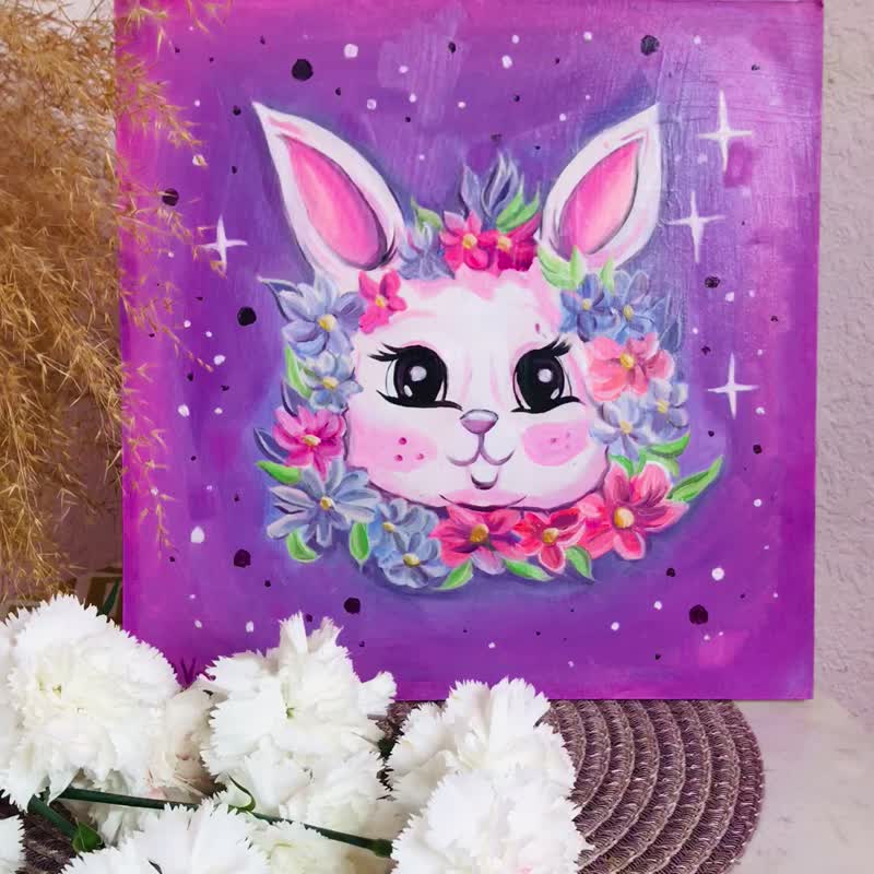 Cute Bunny Rabbit, Painting Hare, Original wall Art, for nursery kids, Handmade - ตกแต่งผนัง - น้ำมันหอม สีม่วง