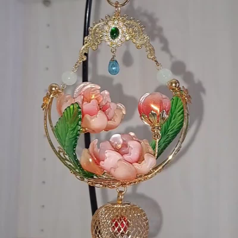 微光+琉璃系列【芍藥花藍】 提燈∕ 吊飾~可拆式流蘇(可換電池) - 吊飾/掛飾 - 玻璃 紅色