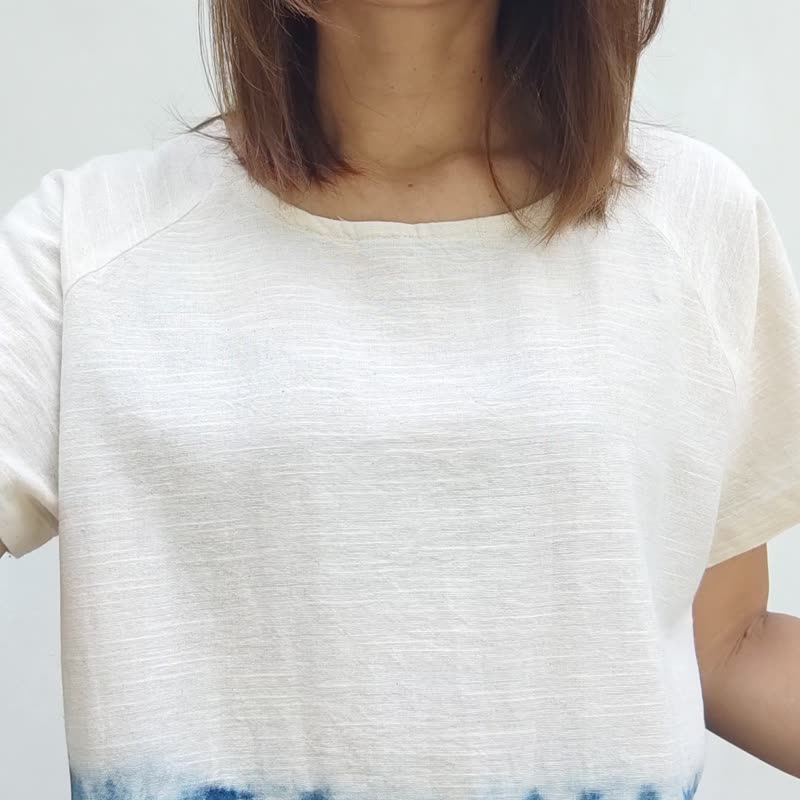 Leda Line - 靛藍色紮染寬鬆喇叭下擺上衣 - 女上衣/長袖上衣 - 棉．麻 白色