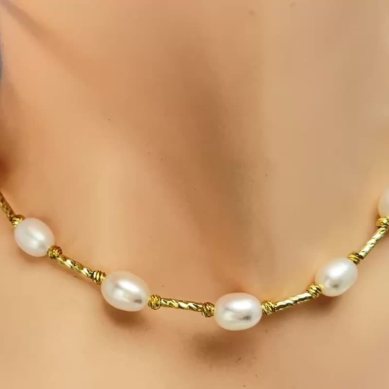 金色波瀾 天然淡水珍珠 華麗 愛山 磁吸扣 項鏈 - 項鍊 - 珍珠 白色