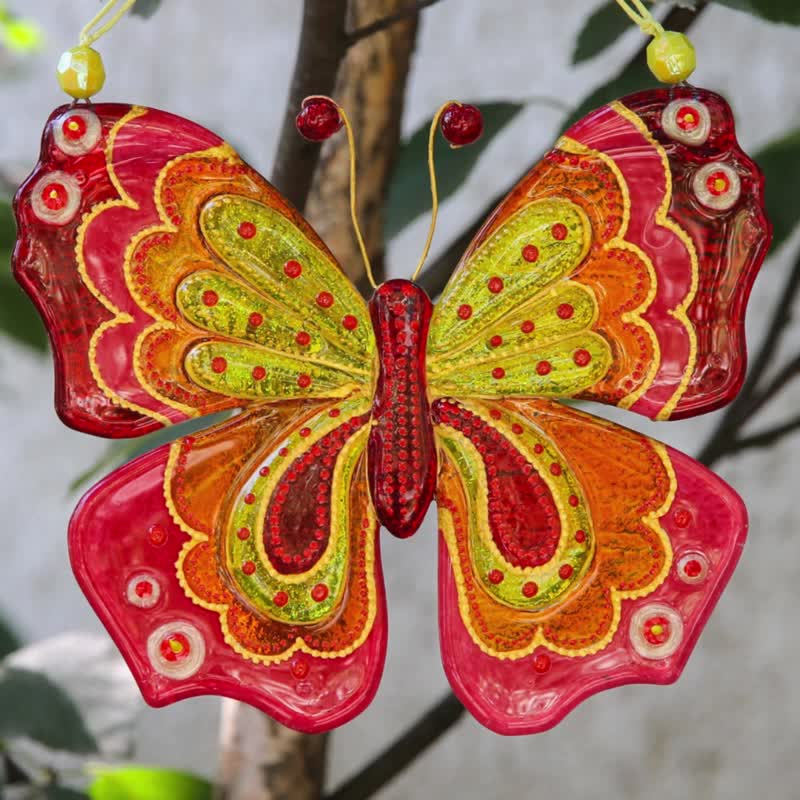Hand Painted Fused Glass Butterfly - Home Garden & Christmas Decor - 壁貼/牆壁裝飾 - 玻璃 橘色