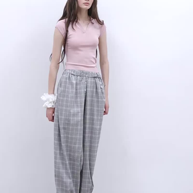 灰色格紋 鬆弛法式泡泡棉寬褲 翻折鬆緊氣球寬鬆長褲 - 女裝闊腳褲/長褲 - 棉．麻 灰色