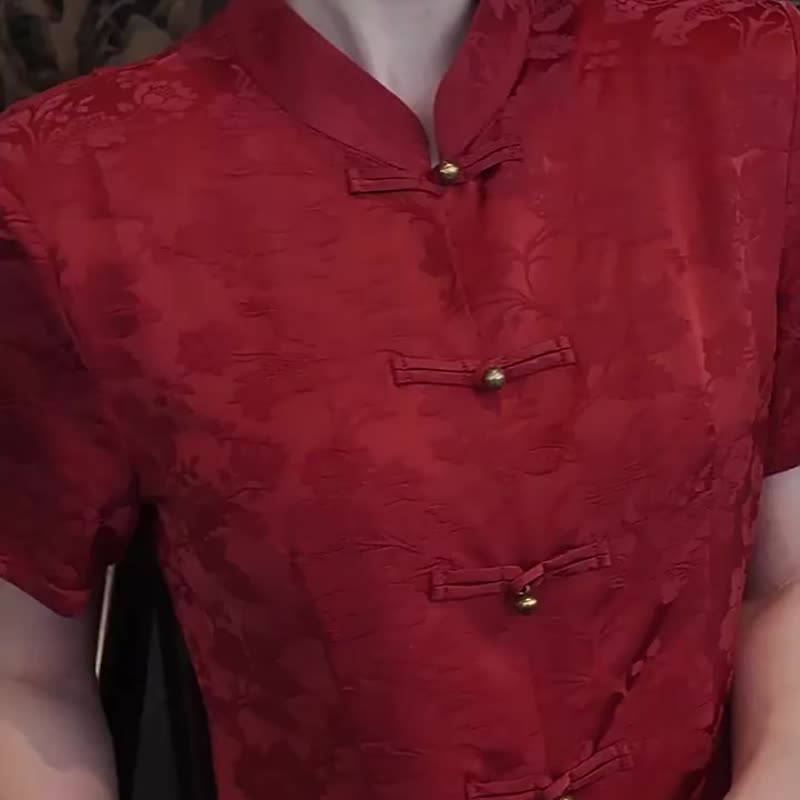 落霞 紅色兩件式套裝 訂婚改良唐裝 新中式國風 新娘婚禮晨袍禮服 - 旗袍/改良式旗袍 - 其他人造纖維 紅色