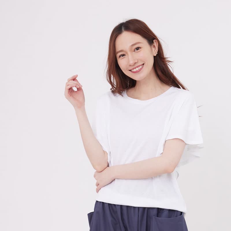 Nap Dots Cotton Fabric Flare Sleeves T-shirt Top White - Women's Tops - Cotton & Hemp White