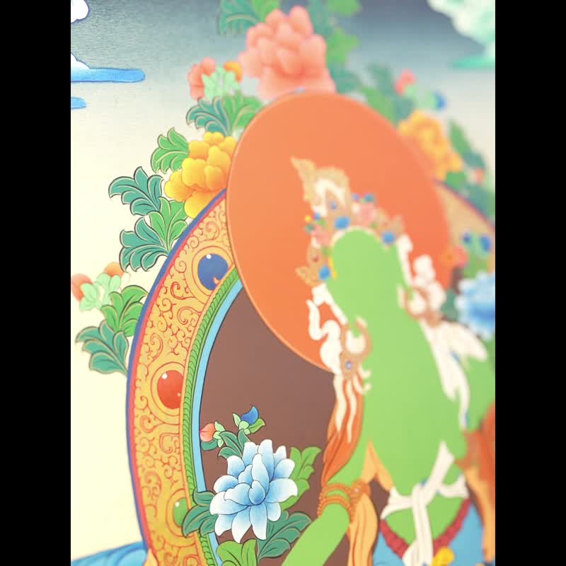 手工綠度母唐卡 – 真實展現迅速慈悲女神 - 壁貼/牆壁裝飾 - 其他材質 多色